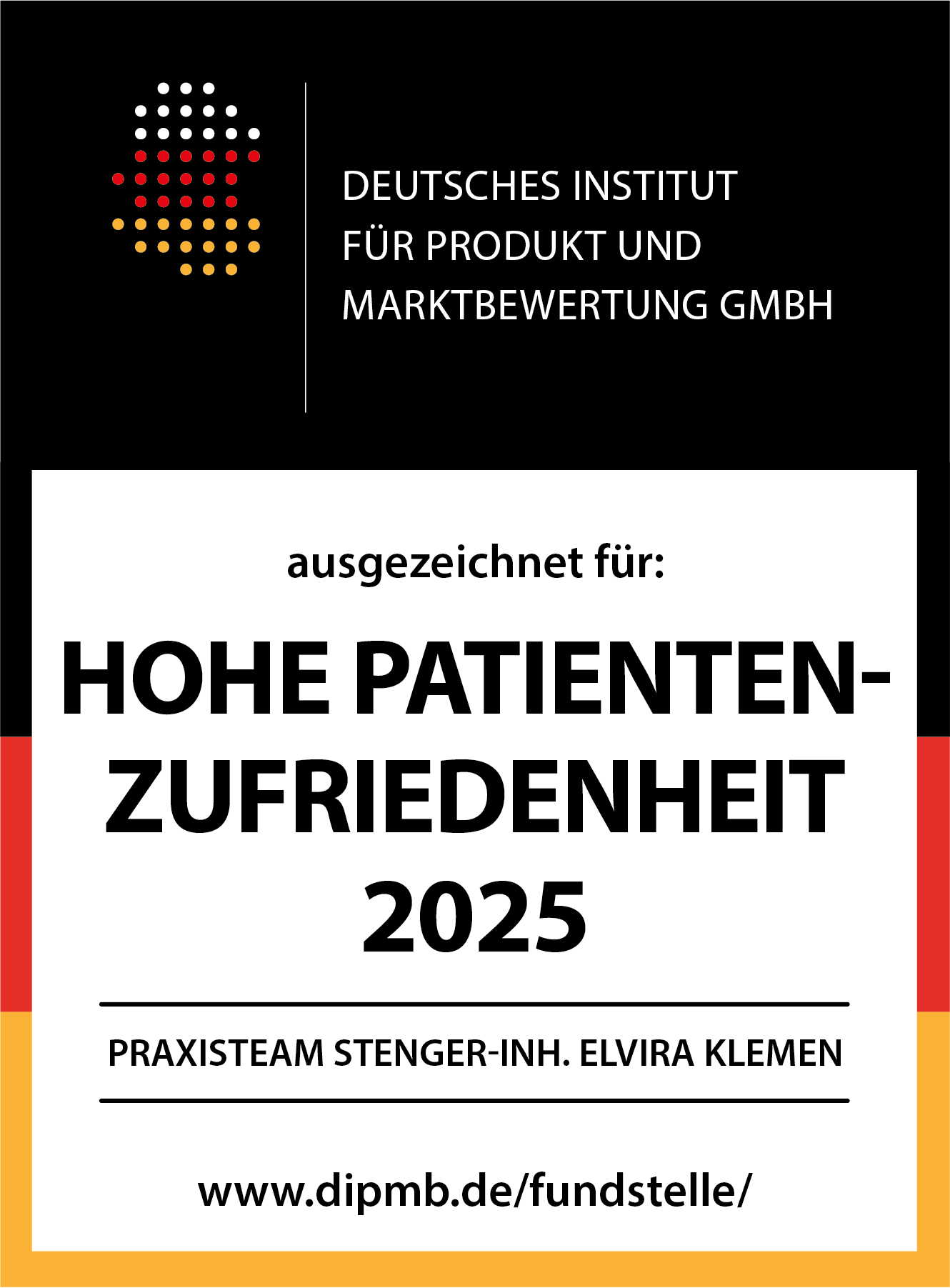 Zertifizierung-dipmb_hpz_2025 Zertifikat des Deutschen Institut für Produkt und Marktbewertung, Hohe Patienten Zufreidenheit 2025